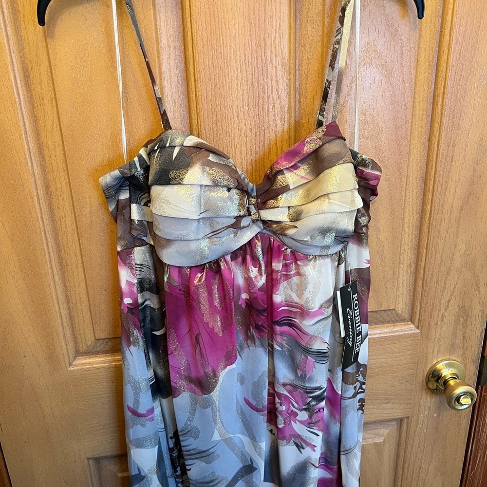NWT Robbie Bee Magenta Gold Evening Satin Maxi Spaghetti Strap Dress Size 12
